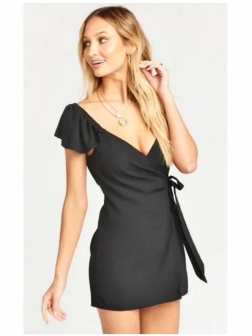 Show Me Your Mumu Black Wrap Romper with Tie & Shoulder Flutter Sleeve Sz M - Picture 4 of 14